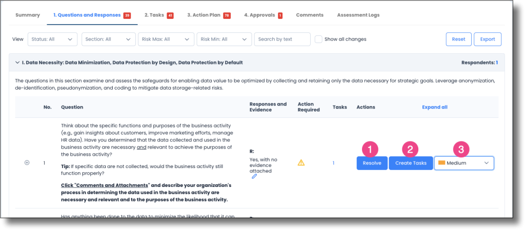 In Review state showing Resolve buttons and task creation options next to questions