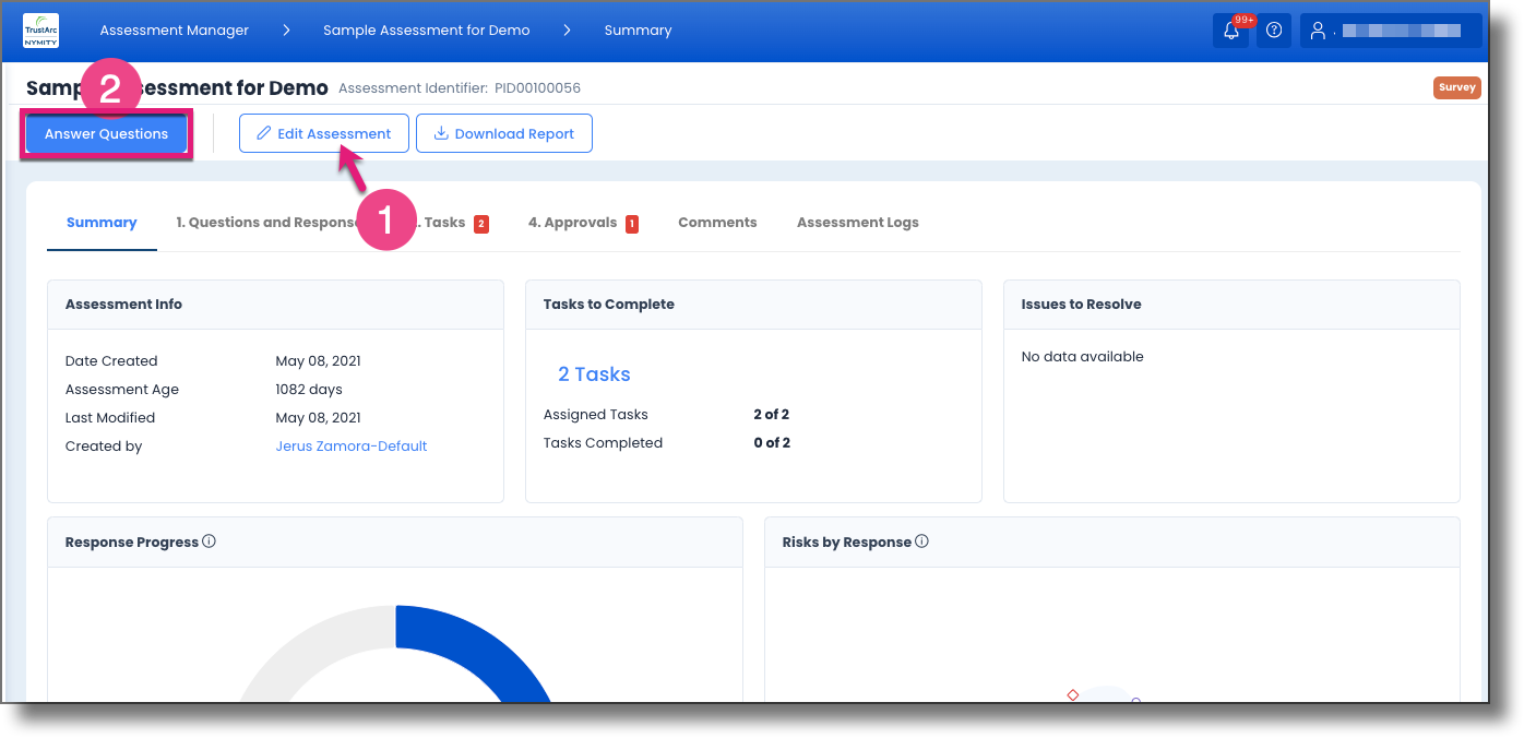 Assessment Report page showing the overall layout and key controls