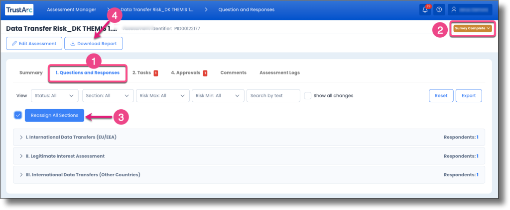 Questions and Responses tab showing sections, questions, and respondent answers