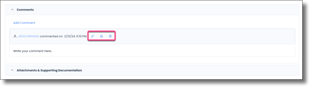 Comment showing Delete, Edit, and Reply icons