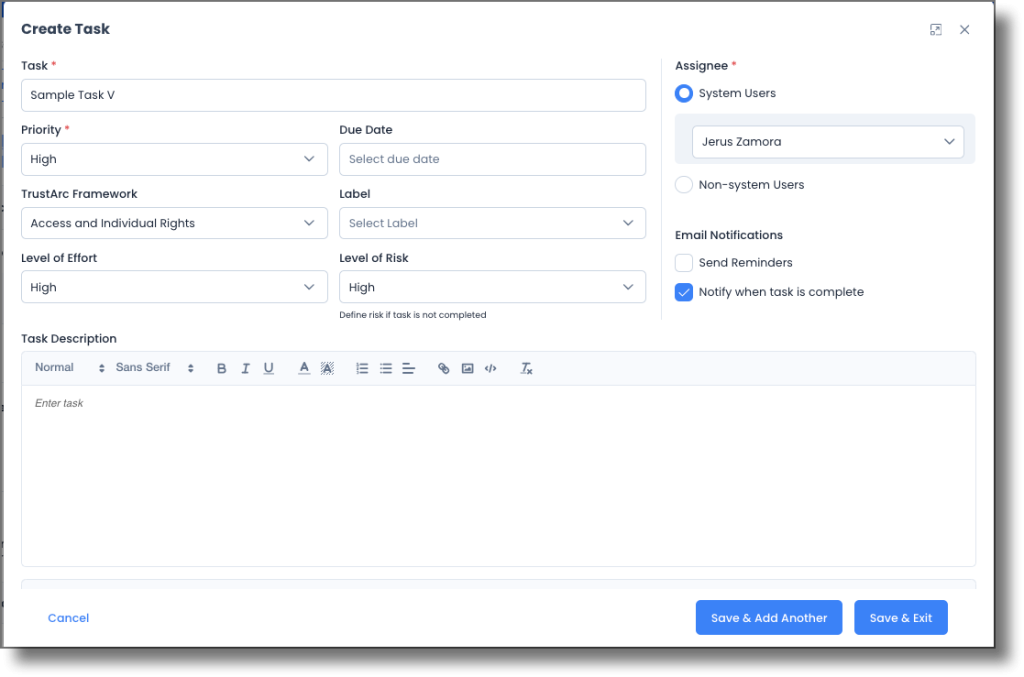 Create Task window showing all task fields