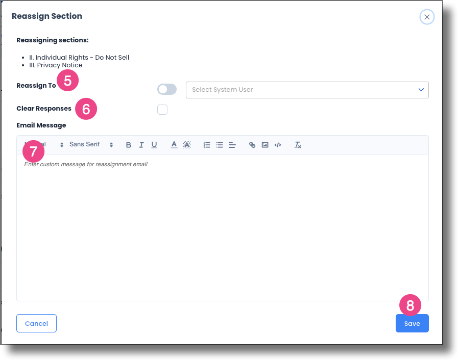 Reassign Section window showing respondent selection, answer visibility, and custom email options