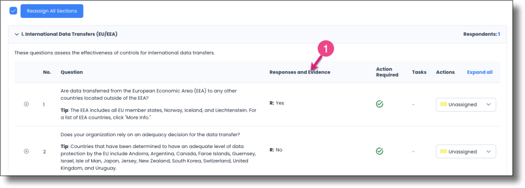 Expanded survey section showing responses and evidences column