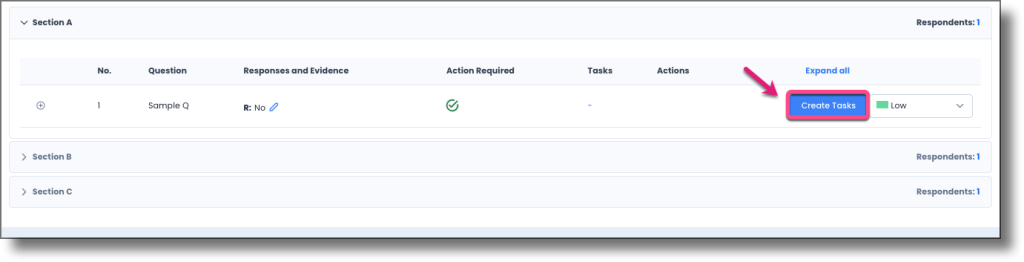 Question row showing the Create Tasks button