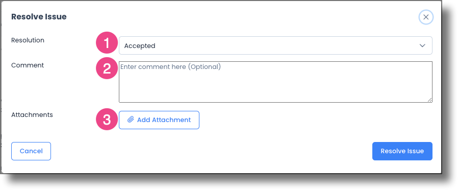 Resolve Issue modal showing Accepted, Accepted with Exception, comment, and attachment options