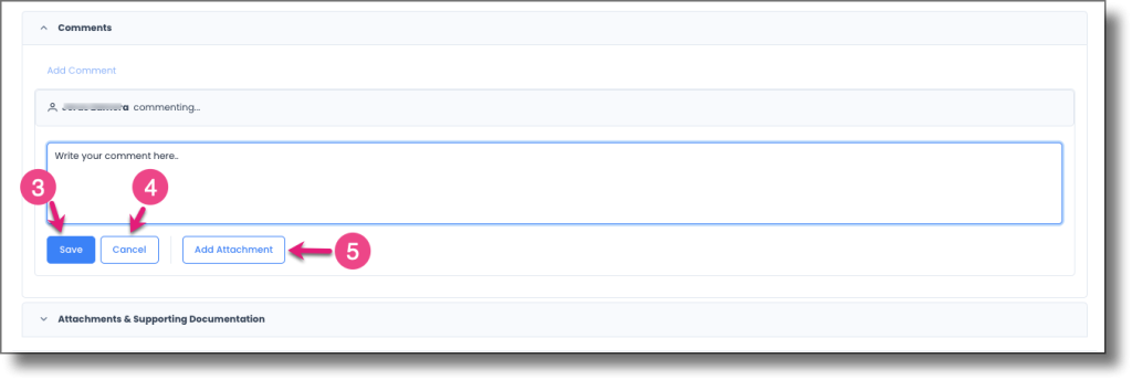 Comment input field showing Save, Cancel, and Add Attachments buttons