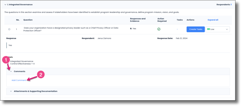 Question showing the expanded Comments area and Add Comment button