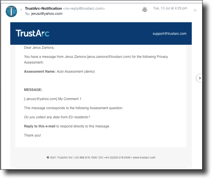 Email sent to an external recipient showing the assessment name, question, and comment
