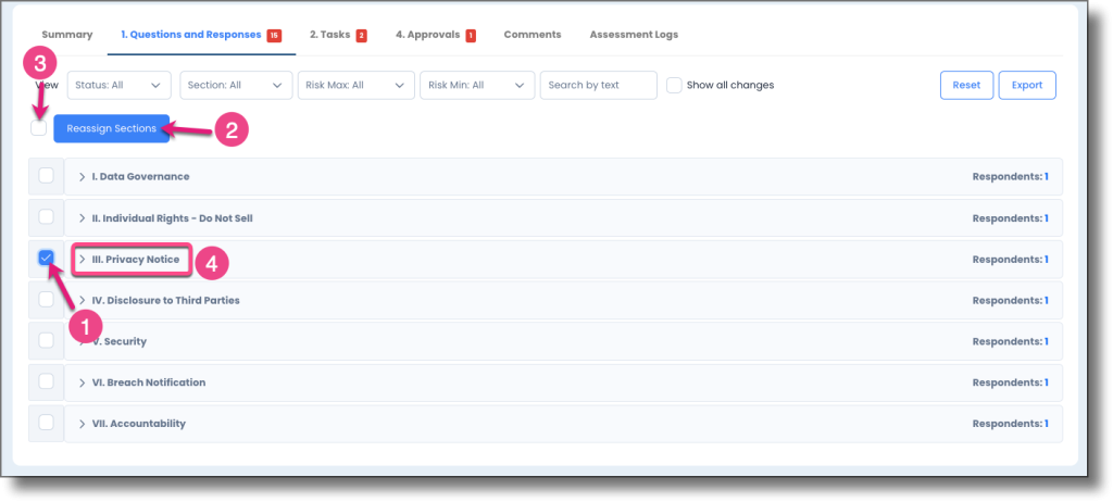 Questions and Responses page showing section checkboxes and the Reassign Sections button