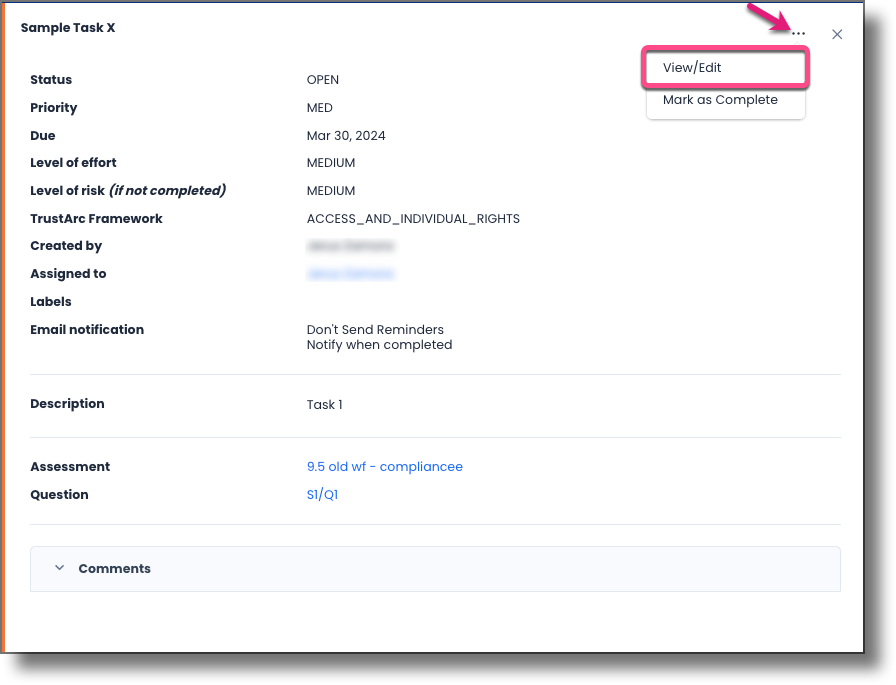 Right-hand task pane showing the ellipsis menu with View/Edit option