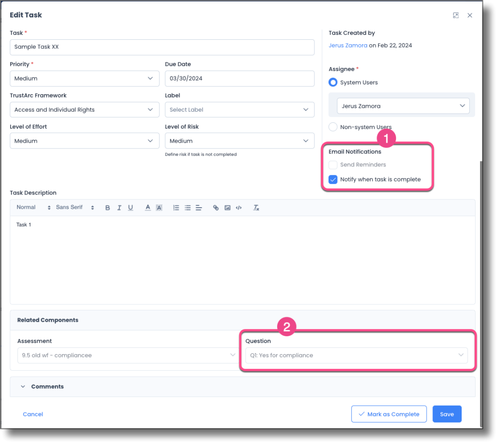 Task View/Edit pane showing all editable fields including Summary, Priority, Due Date, and Description