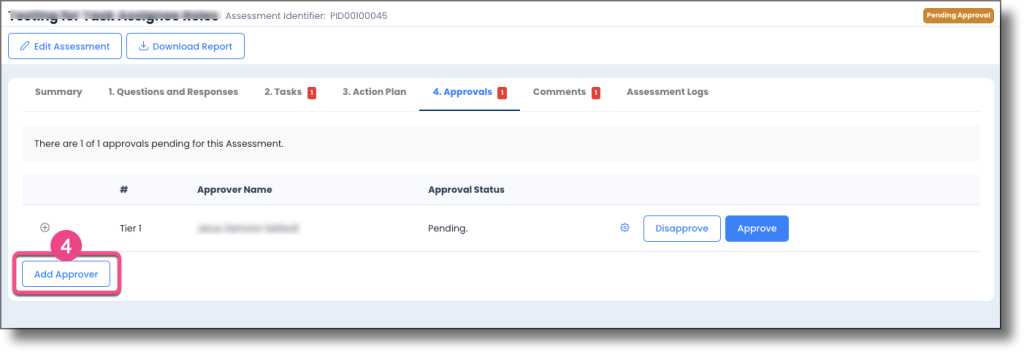Approvals section showing the Add Approver button