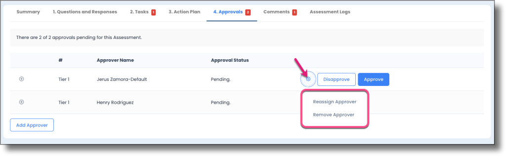 Approver row showing the Settings button context menu with Reassign Approver and Remove Approver options