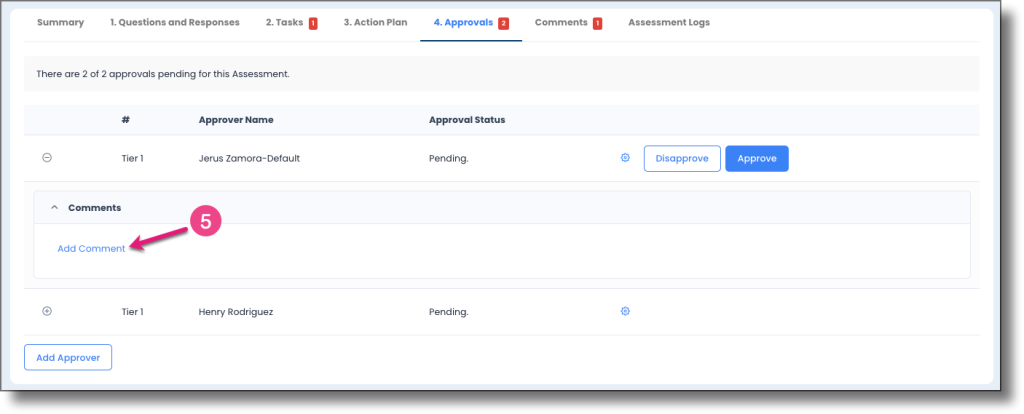 Approver row showing the expanded comment area and Add Comment button