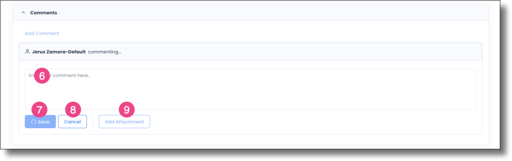 Comment input field showing Save, Cancel, and attachment options