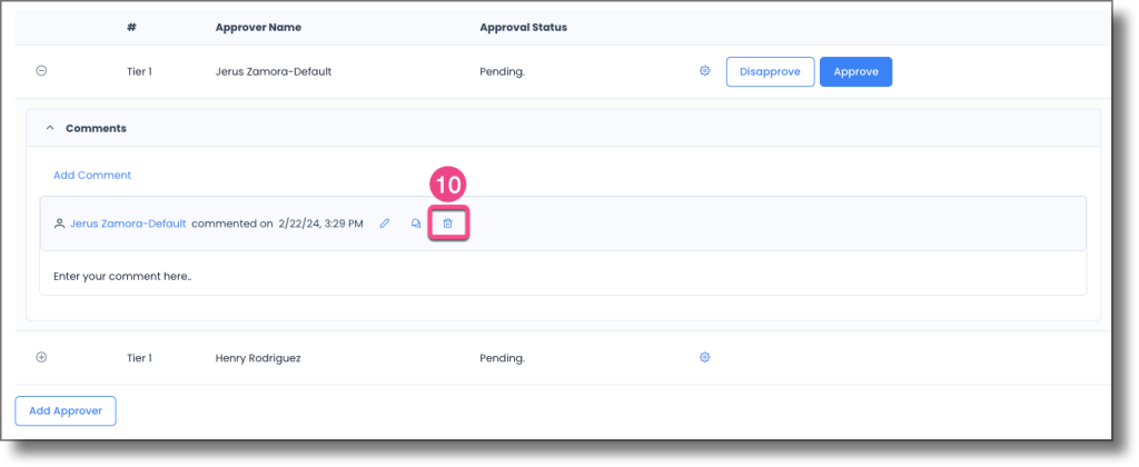 Submitted approval comment showing the Delete icon