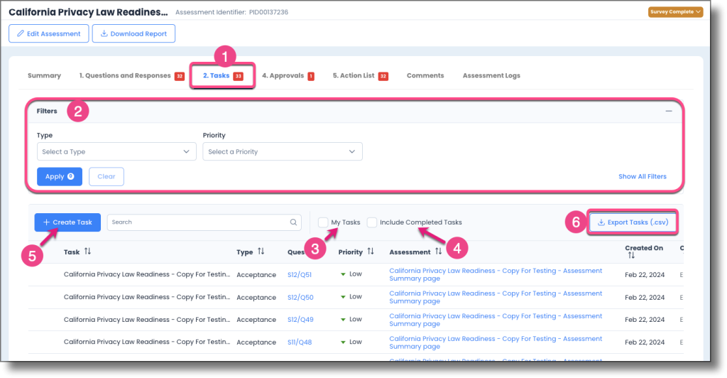 Assessment Tasks section showing the task list, filter controls, and action buttons