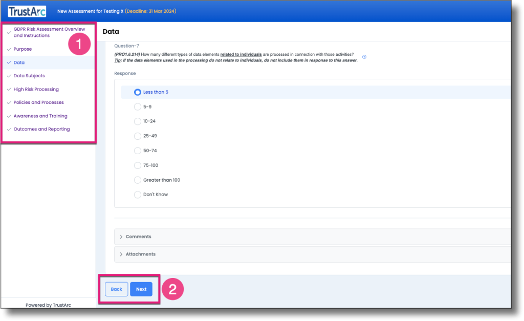 Survey page showing the section navigation panel and question list