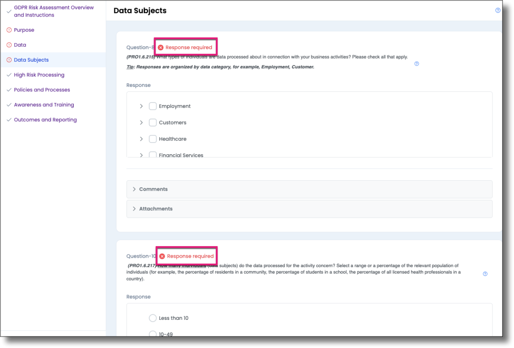 Section showing Response Required labels on all unanswered questions