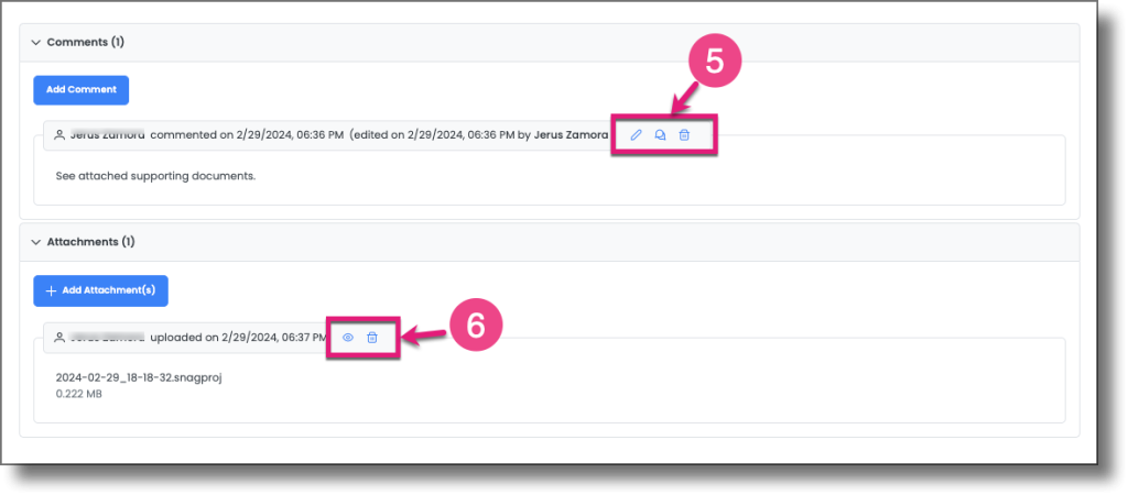 Comment showing the Delete, Edit, and Reply icons