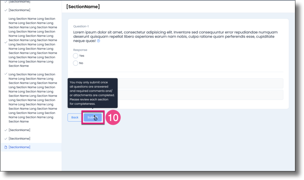 Section navigation showing all sections completed with checkmarks and the Submit button visible