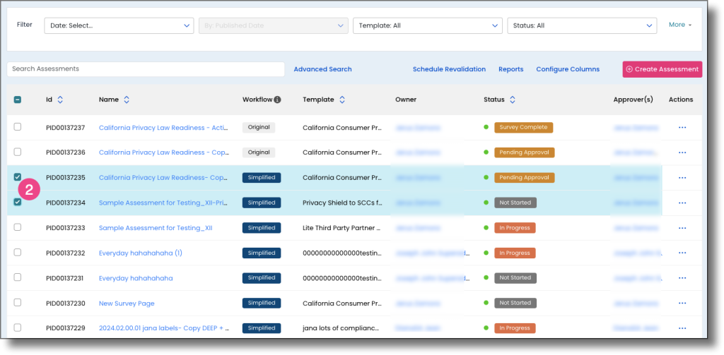 All Assessments page showing a checkbox selected to the left of an assessment record