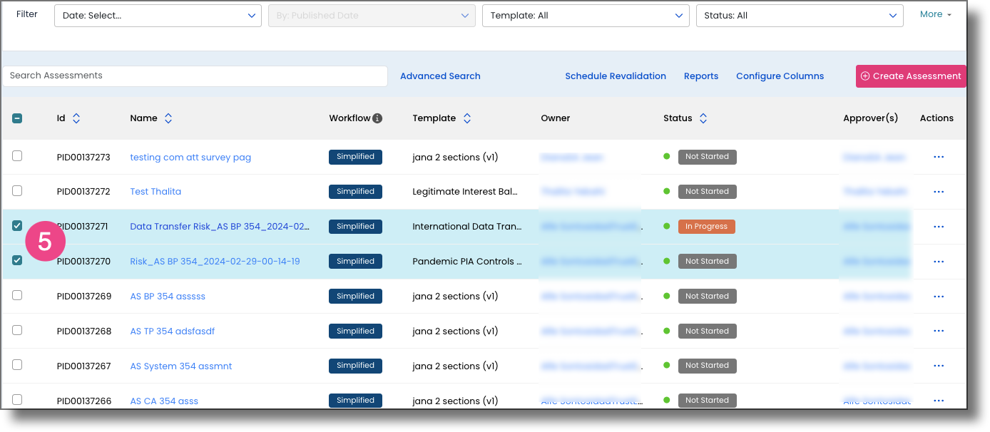 All Assessments page showing one or more assessments selected using checkboxes