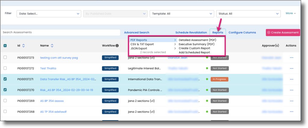 Reports menu showing the Detailed Assessment PDF and Executive Summary PDF options