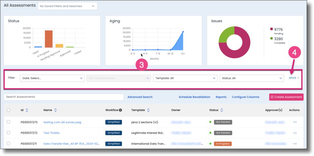 All Assessments page showing the filter controls and More button