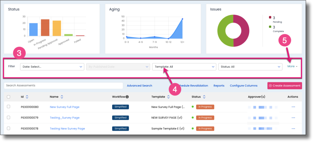 All Assessments page showing the filter controls including template filter and More button
