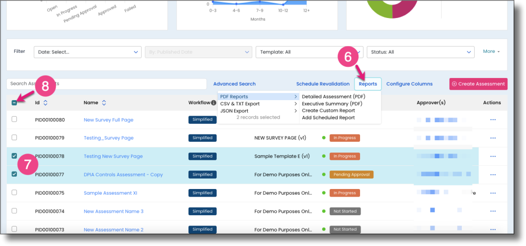 All Assessments page showing checkboxes, master checkbox, and Reports button