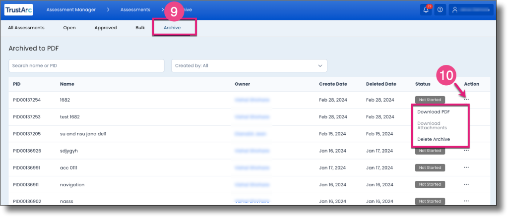 Archive section showing archived assessment records with the ellipsis menu for download or permanent delete