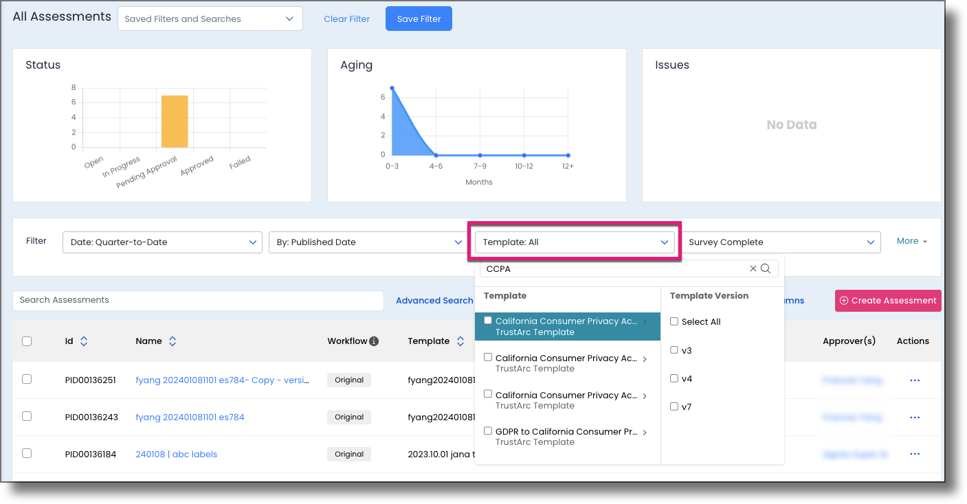 Template filter field showing a list of available assessment templates