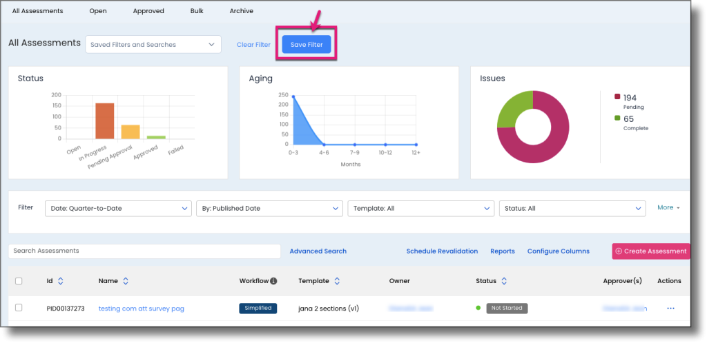 Assessments page showing the Save Filter button after a filter has been applied