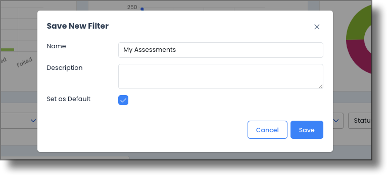 Save Filter dialog showing Name and Description fields
