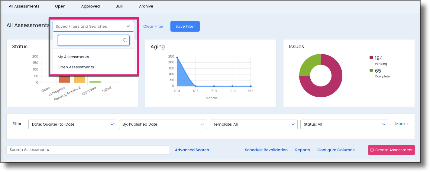 Saved Filters and Searches field showing a saved custom filter