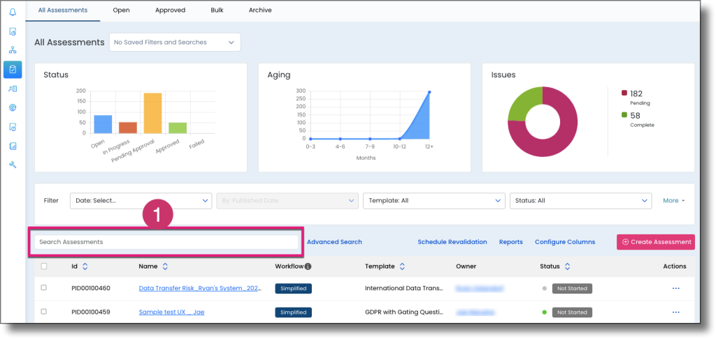 Search Assessments field in the Assessments page toolbar