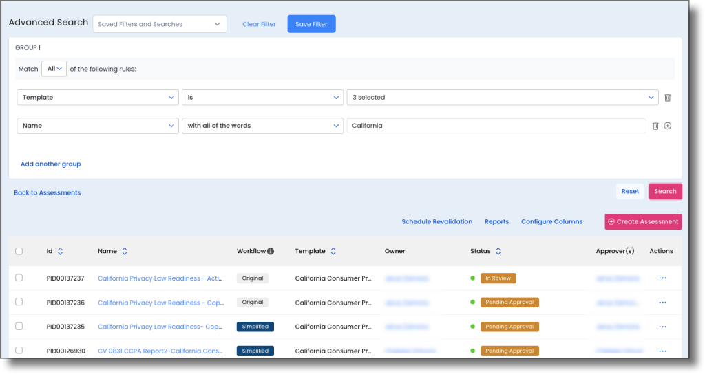 Advanced Search showing All selected with two rules: Name contains California and Template is CCPA Readiness Assessment
