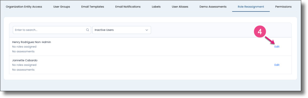 User list showing the Edit button to the right of a user record
