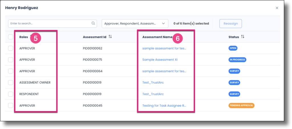 Role reassignment popup showing the Roles column and Number of Assessments column