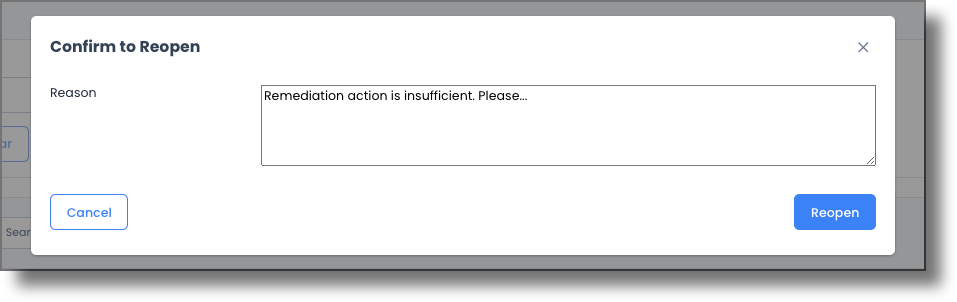 Reopen Task popup modal with a reason field and Reopen button