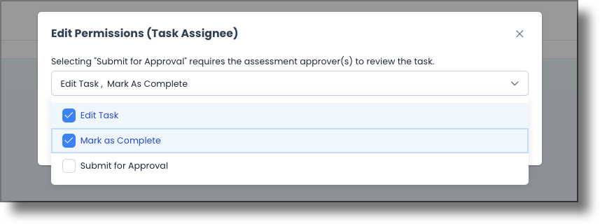 Task permission options showing Mark as Complete and Submit for Approval