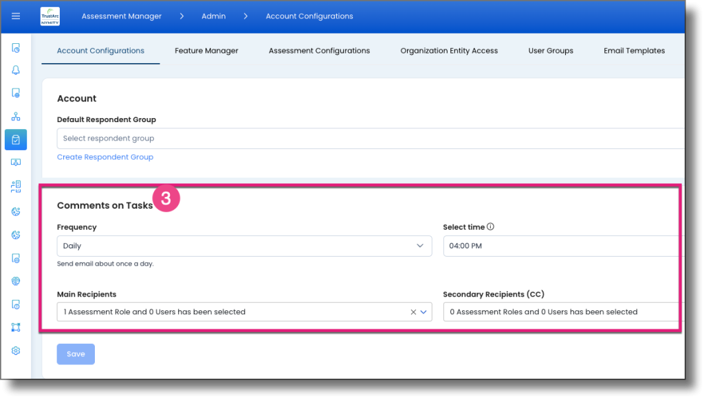 Account Configurations tab showing the Comments on Tasks section
