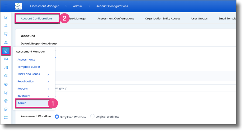 Left navigation showing the path to Admin and Account Configurations