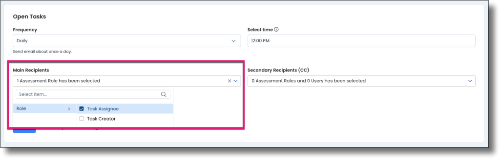 Main Recipients field showing Task Assignee selected by default with the option to add Task Creator