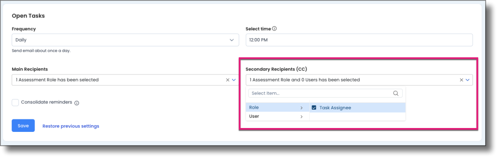 Secondary Recipients CC field showing the Task Assignee option and Search button