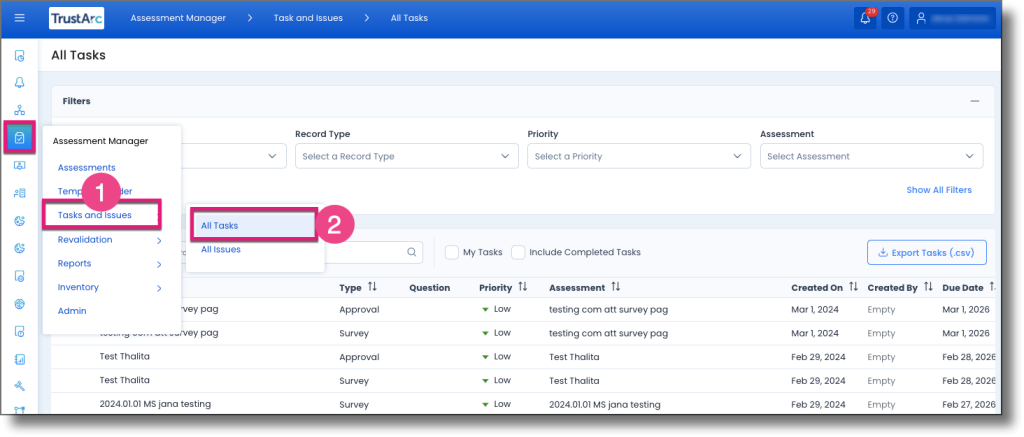 Left navigation showing the path to Tasks and Issues and All Tasks
