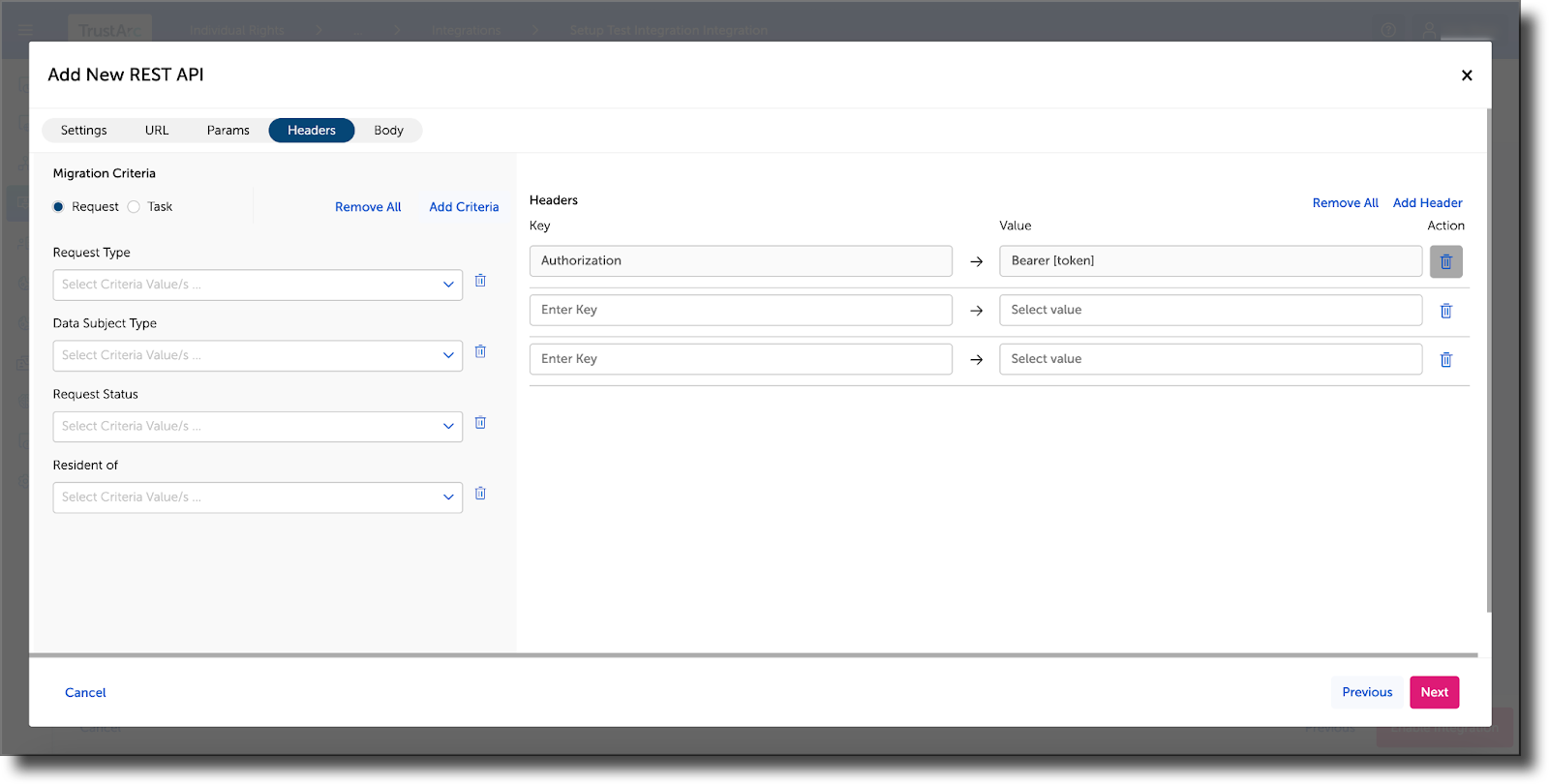 Headers tab with Key and Value fields