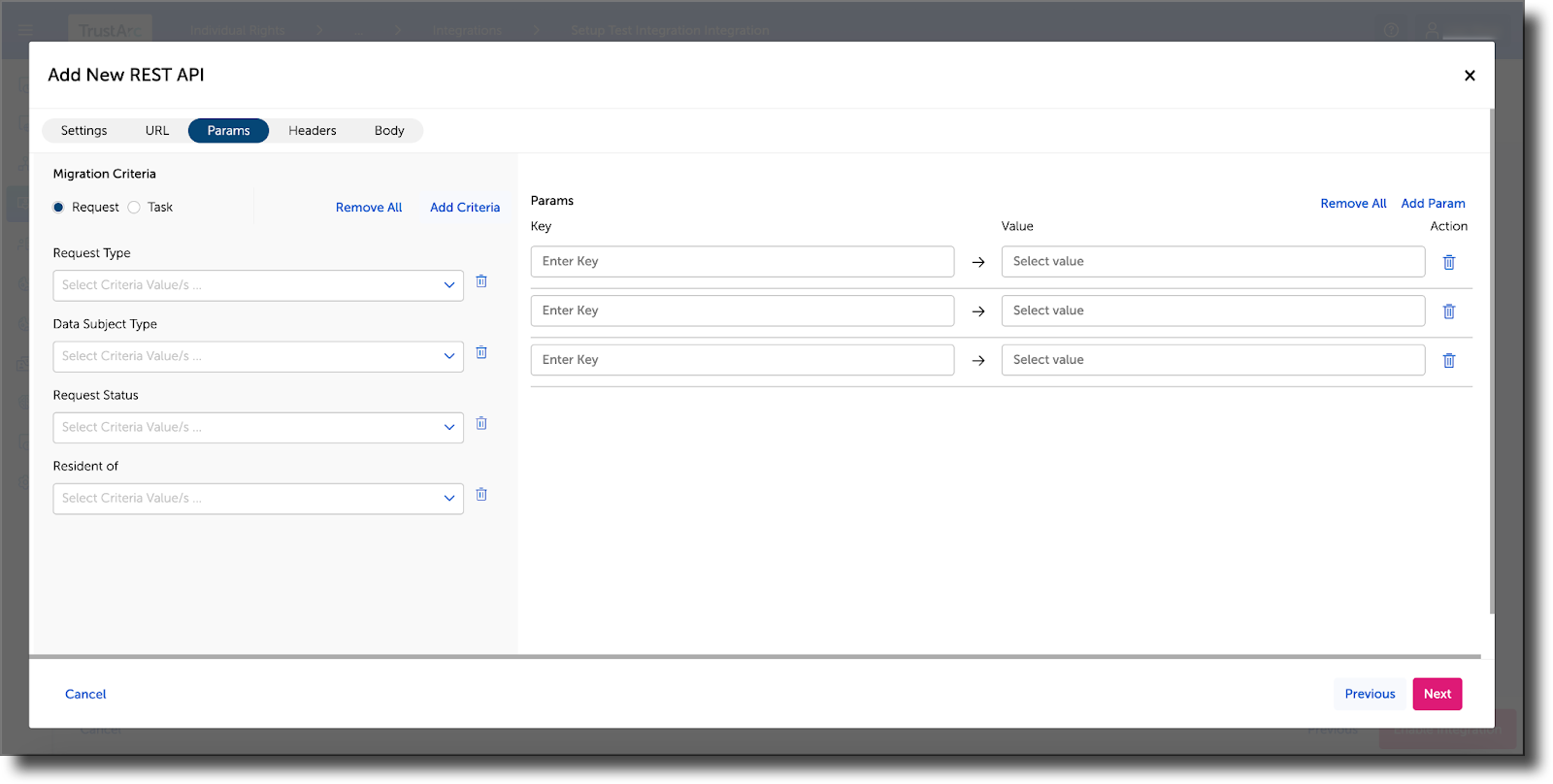 Params tab with Key and Value fields