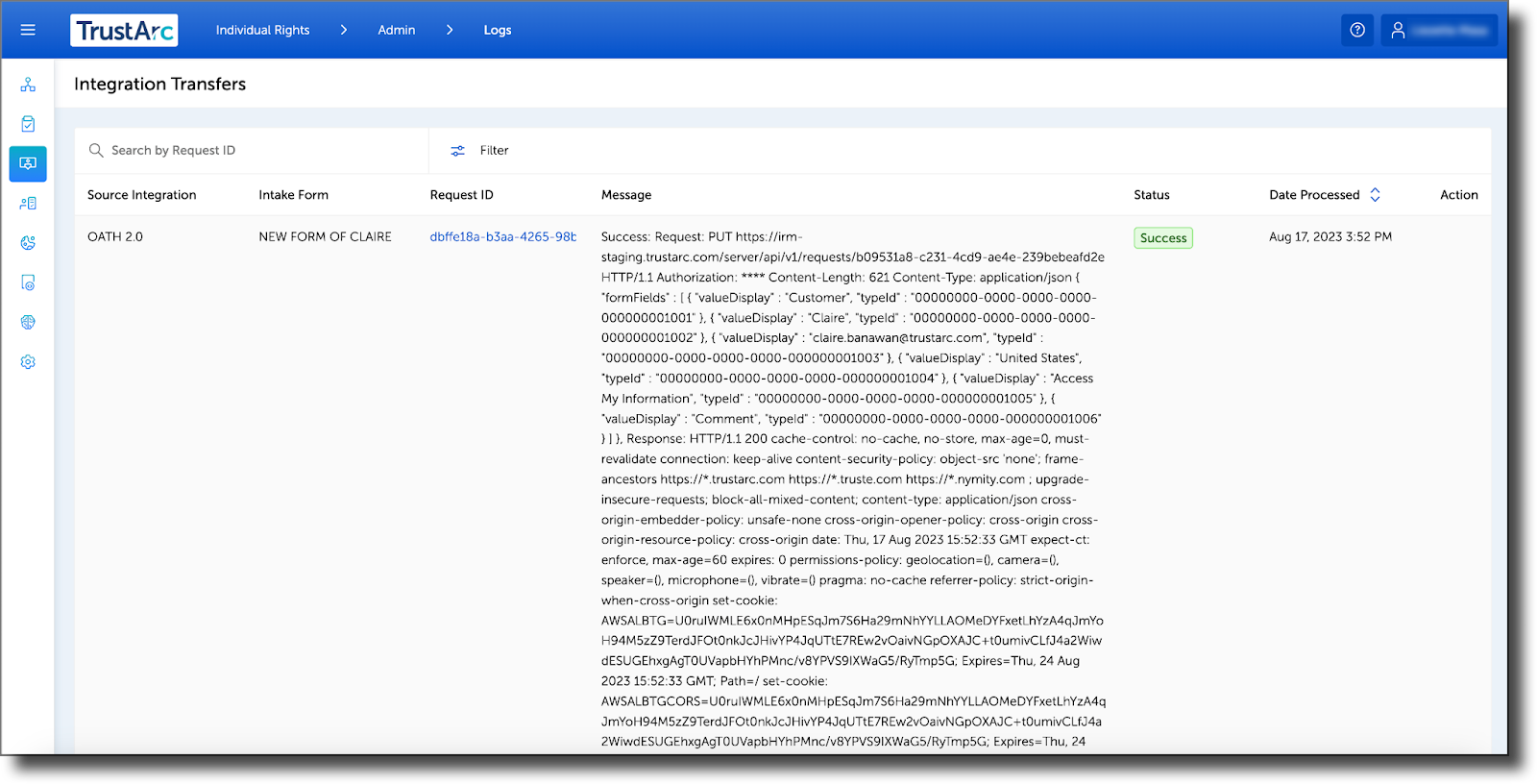 Admin Logs showing a sample successful API call entry